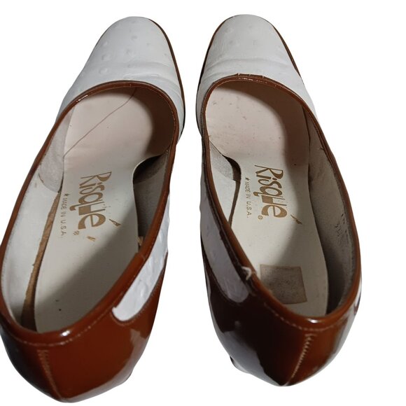 7.5 aaa N Vintage Womens Shoes PUMPS 1970s RISQUE FAUX OSTRICH 2 TONE IN BOX - Picture 8 of 11